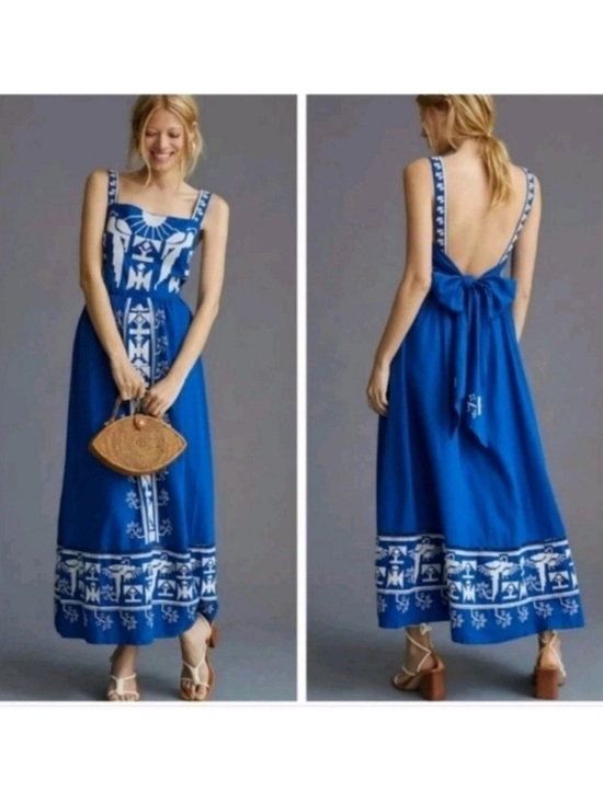 FARM Rio Dresses & Skirts - Anthropology ft Farm Rio XS Blue Embroidered Maxi Dress with Bow Back